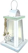 Puzzled Wooden Beach Lantern - White Wood Metal Lanterns with Starfish Rope Accents 6.75 Inch Distressed Hanging and Tabletop Rustic Candle Holder - Unique Home Decor Coastal Lamp - Item 9441-10