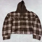 Hippie Rose Jacket Brown Plaid Long Sleeve Button Up Hooded Women’s Large NWT