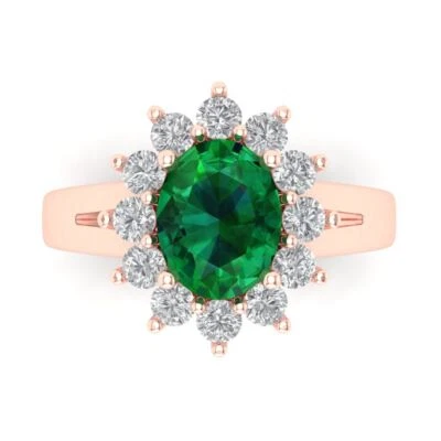 2.72Ct Oval Cut Simulated Emerald Solid Gold Halo Ring, Birthday Gift