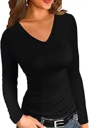 [Afibi] Women Ribbed Long Sleeve V Neck Slim Fit Stretchy Basic T Shirts Tops