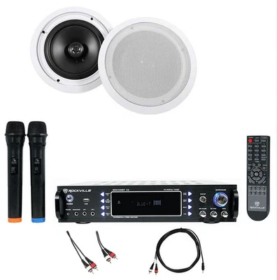 Rockville RPA70WBT Bluetooth Karaoke Amp/Mixer+(2) 8" Ceiling Speakers+Mics