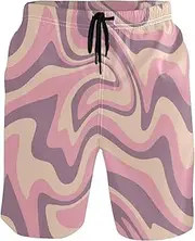 [GuoChe] Mens Funny Swim Trunks 1970 Wavy Swirl Pastel Pink Quick Dry Bathing Suits Holiday Beach Short Mesh Lining
