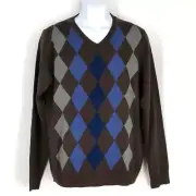 Apt. 9 Merino Wool Blend Brown Blue Gray Argyle V-Neck Sweater Medium NEW NWT