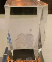 3D Etched Crystal Glass Cubed Paperweight With Boy, Girl, Cat And Stars