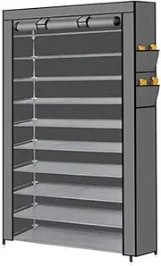 [LEDON] Portable 10 Tier Shoe Rack Storage Cabinet Organiser Wardrobe Cover Tall Shoe Shelf Organizer for Closet, Entryway, Bedroom & Garage (Gray)