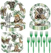 Jungle Safari Wild Animal Party Decorations 96Pcs Disposable jungle Zoo Animal Paper Plates and Napkins Forks for Jungle Safari Zoo Theme Birthday Party Supplies