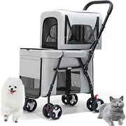 Double Decker Pet Stroller, Portable Pet Jogger Stroller, Double-Layer Separable with Mesh on Both Sides, Anti-Slip PU Handle Cover Removable Washing Seat Cushion for Travel Camping