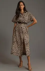 Anthropologie Exquise Leopard Tobie Button-Front Pleated Midi Shirt Dress