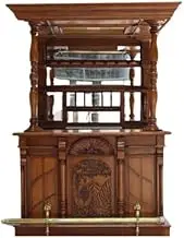 Home Bar Classic Mahogany Wood Home Bar Set with Back Storage Cabinet, Built-in Shelving, Brass Footrail, and Elegant Traditional Design