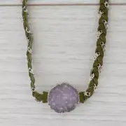 New Nina Wynn Cordelia Necklace White Druzy Quartz Pendant Woven Green Leather