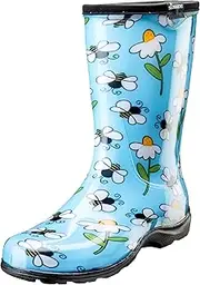 Sloggers Waterproof Garden Rain Boots for Women - Cute Mid-Calf Mud & Muck Boots with Premium Comfort Support Insole, Bee Print Light Blue, 7