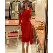 Beach Wedding Sheath Cocktail Dresses Elegant Dress Formal Fall Knee Length Long Sleeve Jewel Neck Stretch Fabric with Pleats Ruched Dresses