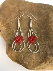 Native Red Coral Heishi Tube Liquid Sterling Silver Dangle Earrings 2" 8877