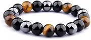 [pugest] Tree of Life Triple Protection Bracelet - Hematite for Balance - Tiger Eye for Power - Obsidian Crystal for Protection - Stretch Bracelet, Brown, 19CM