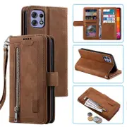 For Motorola Edge 50 Pro 5G Case 9 Card Slots Leather Wallet Phone Cover with Zipper Pocket Brown