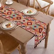 Clothfuna Boho Dining Table Runner, Orange Linen Coffee Table Runner, Indian Runner for Table Ethnic Style with Tassels for Dining Table Sideboard Party Holiday Outdoor, 33x300 cm/ 13x118 inch