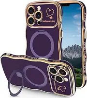 TNQBP Case for iPhone 13 Pro with Magnetic Stand, Luxury Plating Curly Wavy Frame and Cute Heart Pattern, Lens Edge Raised Protection, Slim Shockproof Soft Case for iPhone 13 Pro-Purple