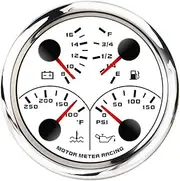 MOTOR METER RACING W Pro 85mm 3-3/8" 4 in 1 Multi-Function Gauge Water Temperature °F Oil Pressure PSI Fuel Level Volt Waterproof White Dial Red LED