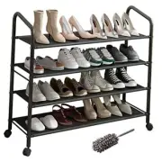 Metal Shoe Rack Black with Wheels,Sturdy Fabric Shelf Shoe Racks for 4 Tier