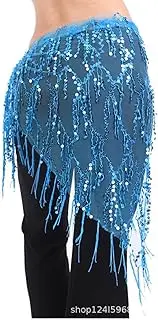 [Mr.Fashion] Halloween belly dance waist chain sequin fringe triangle scarf dance performance Hip towel beginner waist wrap, Lake Blue, One Size Plus Long