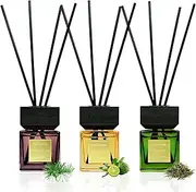 Aeeteek Reed Diffuser Set of 3, 50ml White Birch Cedar & Oud Bergamot & Green Tea Essential Oil with 15 Diffuser Sticks, Long Lasting Fragrance Air Freshener for Home,Office Decor