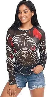 [RPLIFE] Ladies Funny Mesh Sleeve Black Bulldog Sheer Top S-XXL, Black Bulldog Funny, L