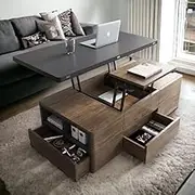 FKFW Lift Top Coffee Table, Tabletop, Dining Table, Living Room, Premium Modern Minimalistic, Hidden Storage Compartment, Drawers, Wheels, Extendable, Limited Space