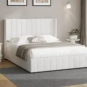 Oikiture Double Bed Frame Gas Lift Mattress Platform Boucle Fabric Bed White