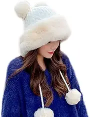 [HIIALIUR] Winter Pompom Beanie Hats for Women Fluffy Knit Womens Beanie Faux Fur Crochet Skull Cap Warm Bucket Outdoor Ear Cover