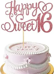 Sweet 16 Cake Topper - Happy 16th Birthday - 11 x 14.5 cm - Paper + Bamboo - Rose Gold