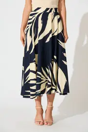 Aria Midi Skirt in Navy and Cream Leaf Print 8