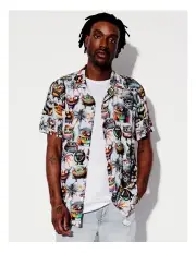 [Kenji] Wild Things Print Short Sleeve Rayon Shirt in White