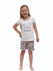 Girls PJs Sizes 3-7 White Meow Cat Print Short Sleeve Pyjamas