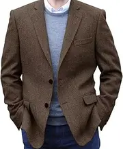 [Mrbuerly] Men's Tweed Blazer Jacket 2 Button Lightweight Herringbone Casual Sport Coat Wedding Groomsmen Prom Jackets