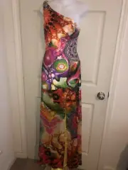 Sherri Hill Multi Colored One Shoulder Jeweled High Split Ball Gown Prom Dress