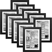HappyHapi 5x7 Picture Frame Set of 10, Wood Photo Display 5x7 Pictures without Mat or 4x6 Photos with Mat, Tabletop Wall Mount Frames for Prints, Photos, Paintings, Landscape and Kids A Black