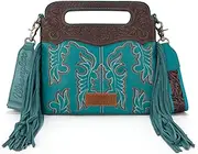 [Montana West] Wrangler Top Handle Handbags Western Fringe Crossbody Bag for Women Embroidered Boot Scroll Ladies Handbag
