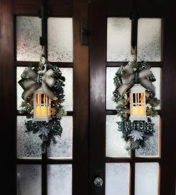 Double Door Set of 2 Lantern Light Christmas Door Swag Winter Holiday Snowflake