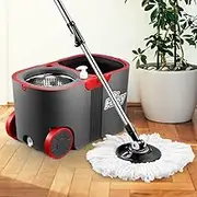 360° Spin Mop Bucket Set Rotating Mop 4 Microfiber Mop Heads Bucket with Wheels Dark Grey & Red Rotating Wet Dry Cleaning Tools