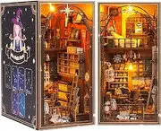 DIY Book Nook Kit, 3D Wooden Puzzle Bookshelf Insert Decor with LED Light, DIY Wooden Miniature House Kit, Educational Bookshelf Insert Bookend Building Kits for Kids Over 14 Years Old