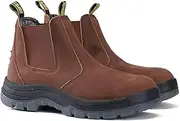 [diig] Work Boots for Men, Soft/Steel Toe Slip-on Lightweight Waterproof Non-Slip Wide Safety Anti-Static Working Shoes (Brown)