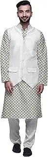 [Atasi] Printed Kurta Pajama Jacket Set Mandarin Collar Traditional Ethnic Shirt