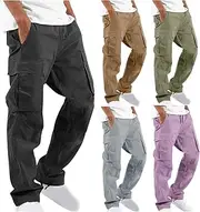 [Muscularfit] Cargo Pants for Men Big and Tall Elastic Waist Cotton Sweatpants Causal Solid Multi Pockets Joggers Athletic Pant