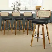 [ALFORDSON] Bar Stools Set of 4, Vintage Kitchen Dining Chair with 34cm Rattan Backrest and 68cm Leather Seat, Counter Barstools with Footrest for Home Bar Dining Room, Oscar Wooden Black