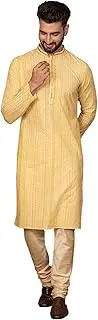 [KISAH] Cotton Blend Yellow Kurta For Men, Full Sleaves, Knee Length, Mandarin Collar, Embroidered Mirror Work Ethnic wear