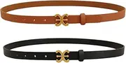 [Generic] Women's Skinny Leather Belts with Gold Buckle, Set of 2, Brown and Black, 1-inch width, Ideal for Dresses, Jeans, and Coats, Black, Brown/Black