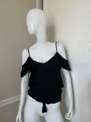 OLIVACEOUS NWT! Black 100% Rayon Cold Shoulder Ruffled Neck & Sleeve Blouse Sz S