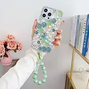 CrazyLemon for iPhone 14 Pro Max Case Clear Silicone Cute, Glitter Bling Sparkly Rhinestone Luxury Pearl Green Flowers Floral Case with Strap for Women Girls Soft TPU Rubber Slim Shockproof Case Cover