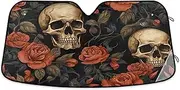 Windshield Sun Shade Retro Skulls Red Roses Flowers, Foldable Car Windshield Heat Protector, Front Window Cover (M)