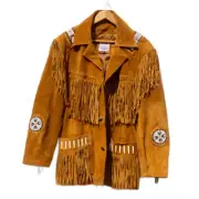 Native American Soft Suede Fringe Jacket with Navajo Indian Beaded Buckskin Coat